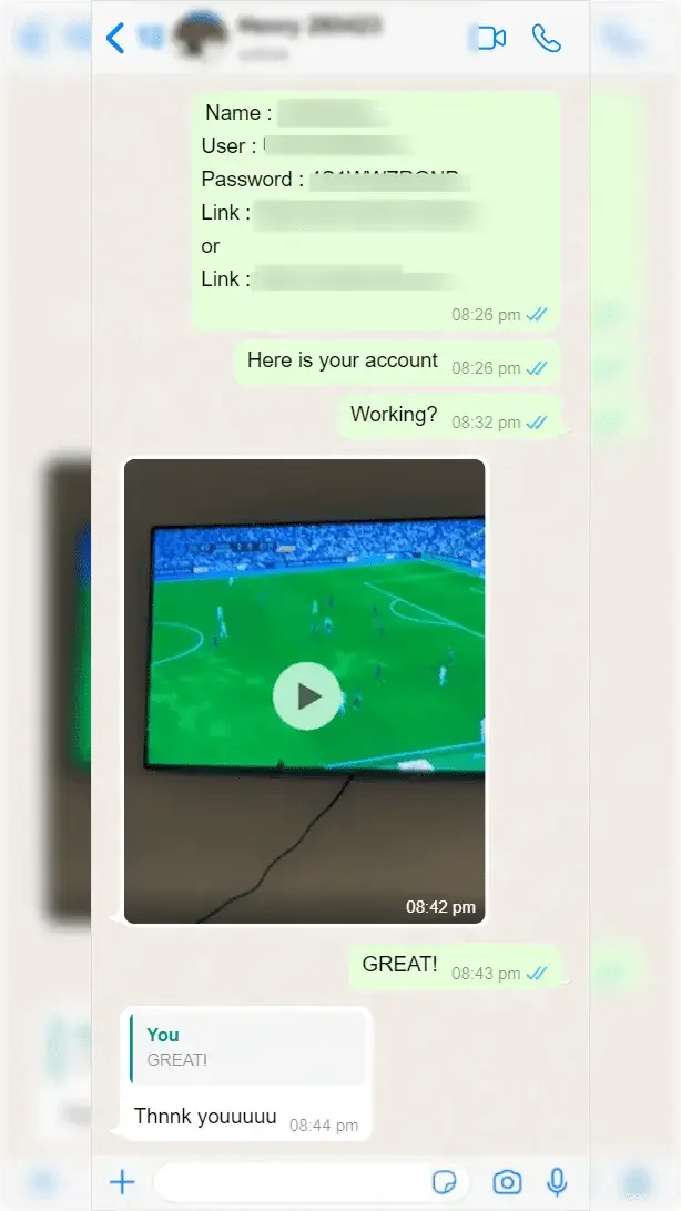 WhatsApp-Gespräch zwischen einem Abonnenten und dem IPTV Anbieter-Support — Screenshot 1 von 9