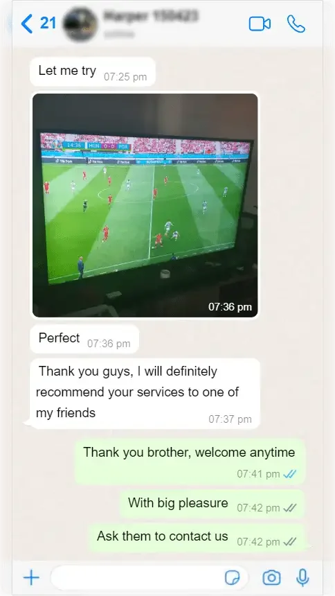 WhatsApp-Gespräch zwischen einem Abonnenten und dem IPTV Anbieter-Support — Screenshot 5 von 9