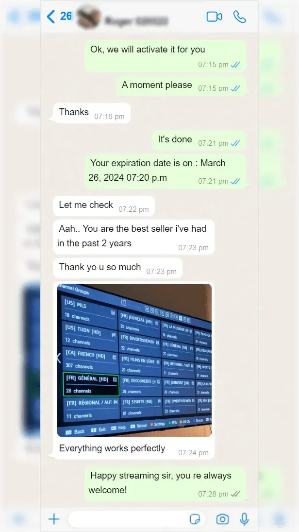 WhatsApp-Gespräch zwischen einem Abonnenten und dem IPTV Anbieter-Support — Screenshot 7 von 9