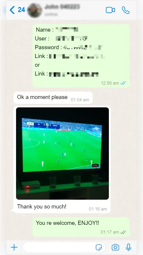 WhatsApp-Gespräch zwischen einem Abonnenten und dem IPTV Anbieter-Support — Screenshot 8 von 9